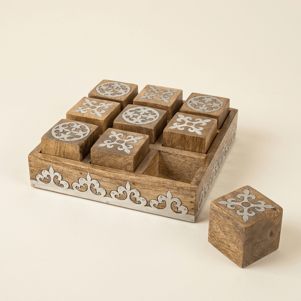 Belvedere mango wood tic tac toe game with silver-tone scrollwork inlay on an ivory studio background.