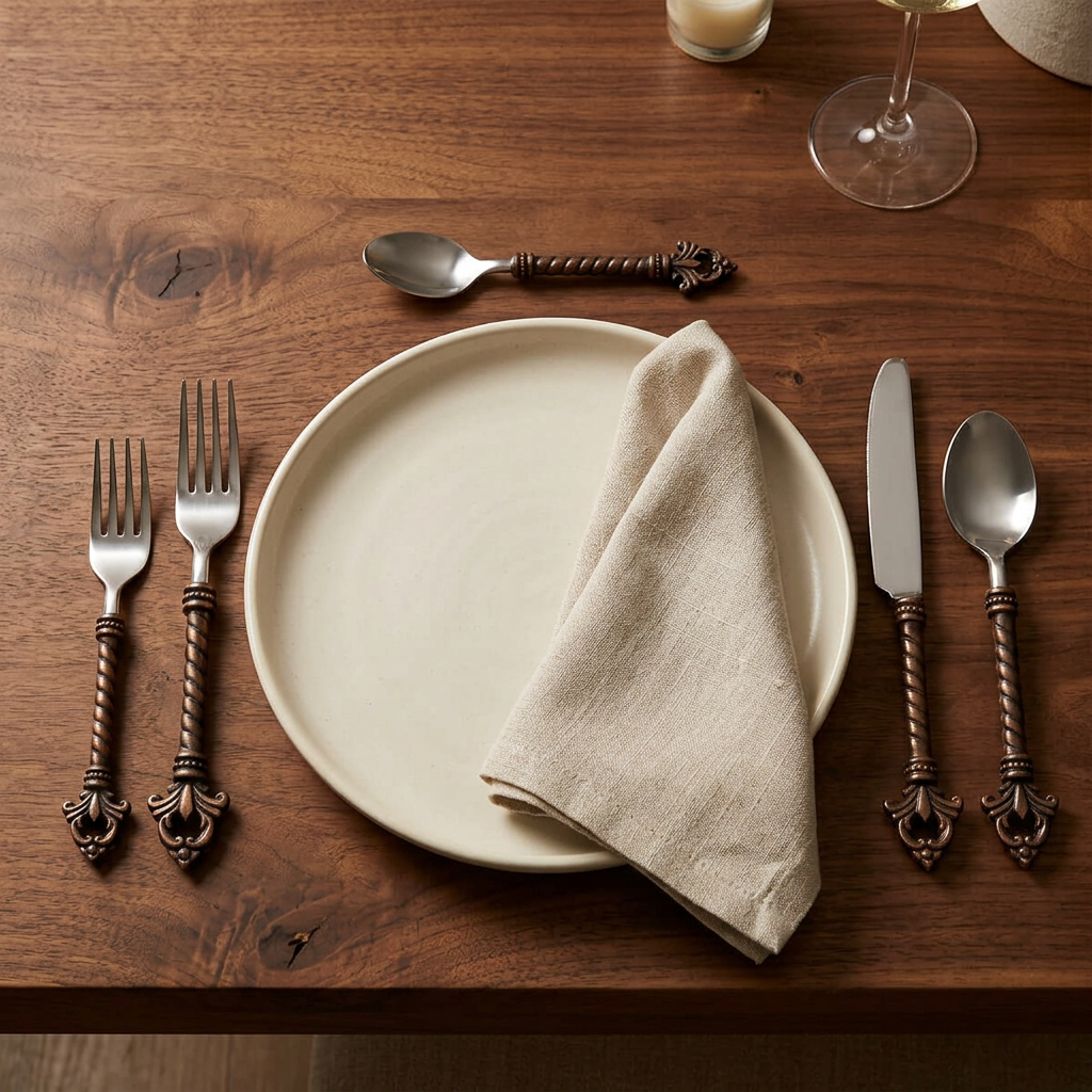 Bellavita five-piece flatware setting with a styled cream plate and linen napkin on a walnut table.