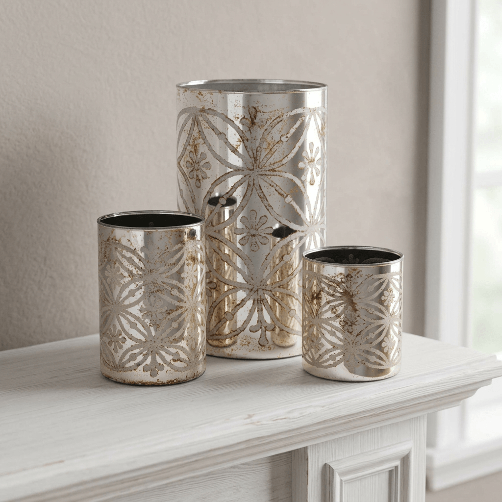 Etched Floral Mercury Glass Candle Holders (Set of 3) on a white fireplace mantel