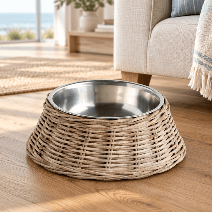 Gray woven rattan pet bowl styled on an oak floor beside a linen armchair.