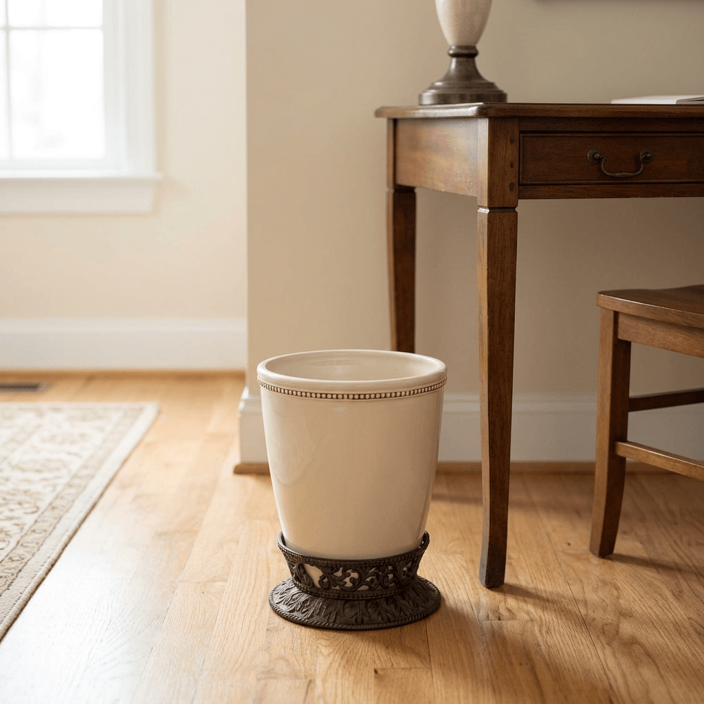 Bellavita cream stoneware wastebasket with ornate dark metal base on a wood floor beside a writing desk