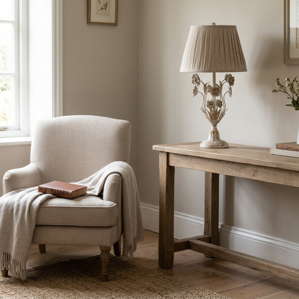 Antique White Floral Table Lamp on a wooden console beside a neutral upholstered reading chair.
