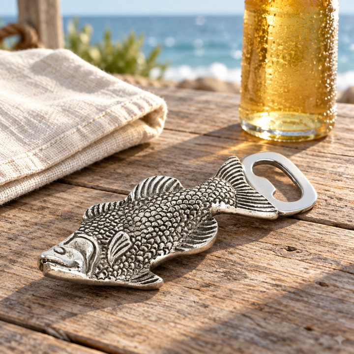 Metal Fish Bottle Opener styled with linen and a beverage bottle on a coastal table