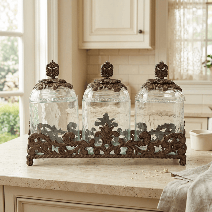 Bellavita glass canister trio on a pale stone kitchen counter in natural daylight