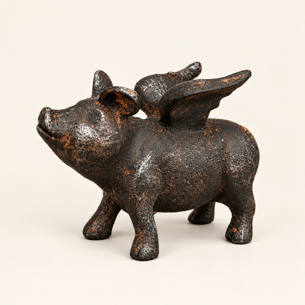 Cast Iron Flying Pig sculpture with raised wings on an ivory studio background