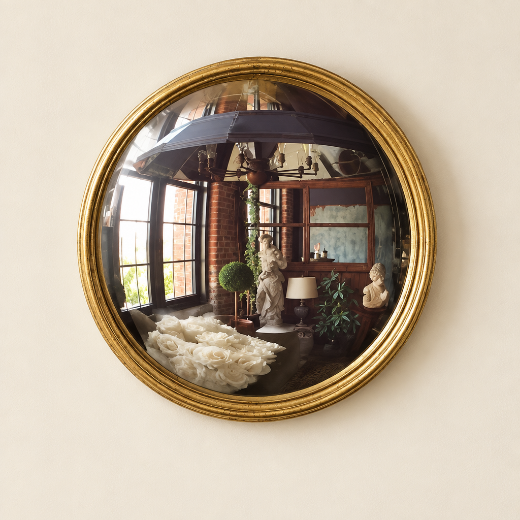 Gold Leaf Convex Bullseye Mirror with a ridged round frame against an ivory wall