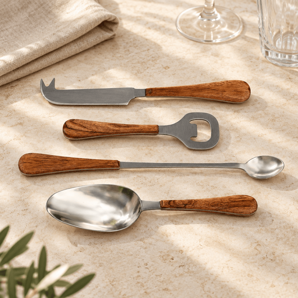 Four acacia wood handled cocktail accessories styled on a cream stone counter beside linen and glassware.