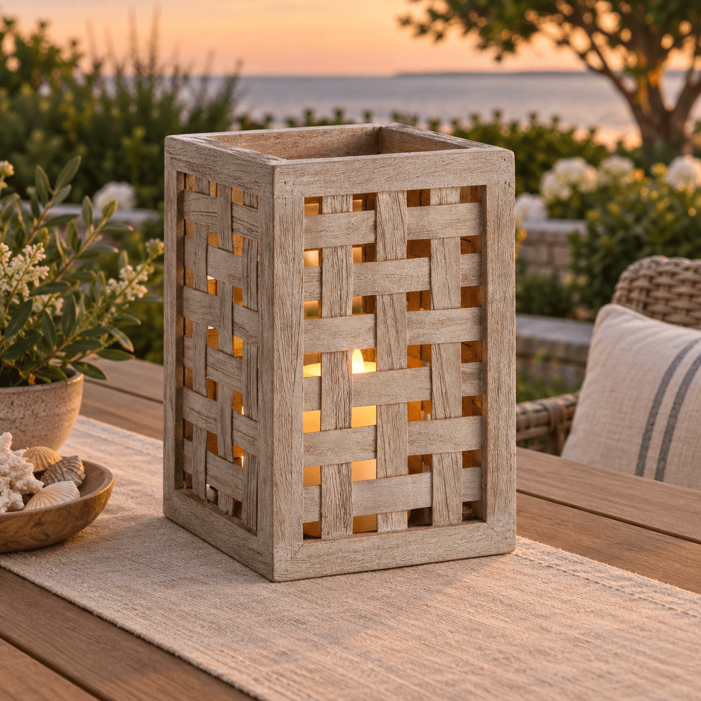 Gray woven teak hurricane styled with a flameless LED candle on a patio dining table.