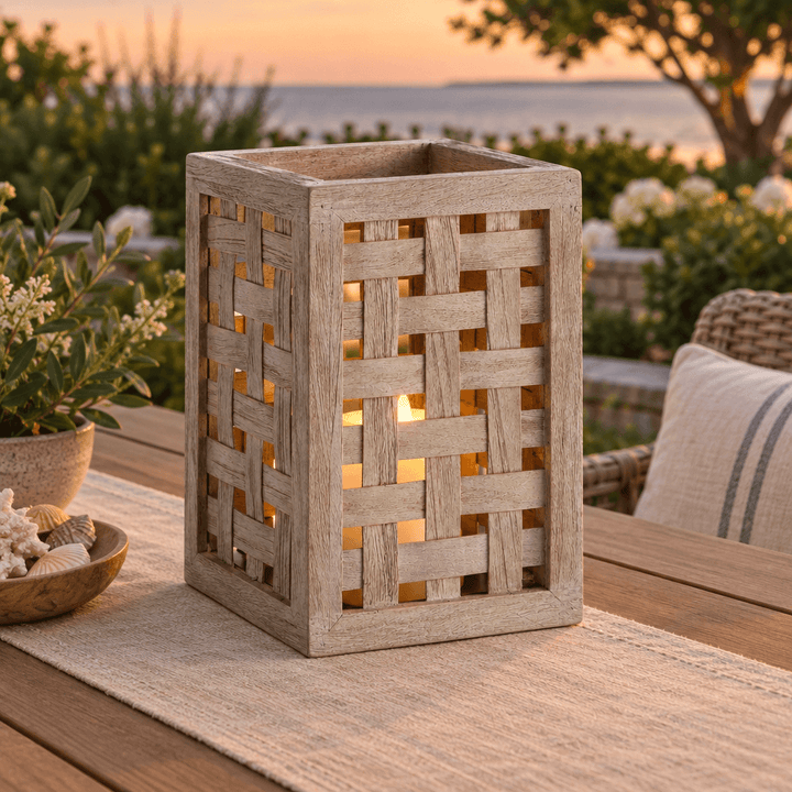 Gray woven teak hurricane styled with a flameless LED candle on a patio dining table.