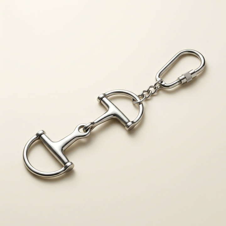 Silver snaffle bit keychain with D-shaped rings, short link chain and screw-lock carabiner on an ivory background.