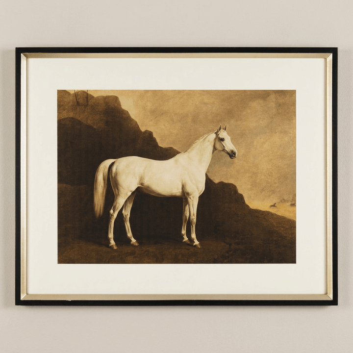 White thoroughbred horse print against a rocky backdrop, with an ivory mat and black frame with a gold-toned inner edge.