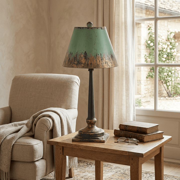 Adeline distressed green and gold table lamp in a French country reading nook
