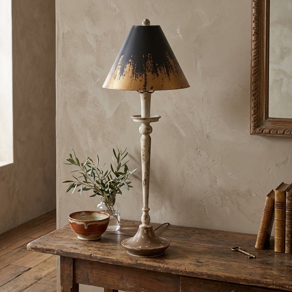Lucien distressed buffet lamp styled on an antique entry console