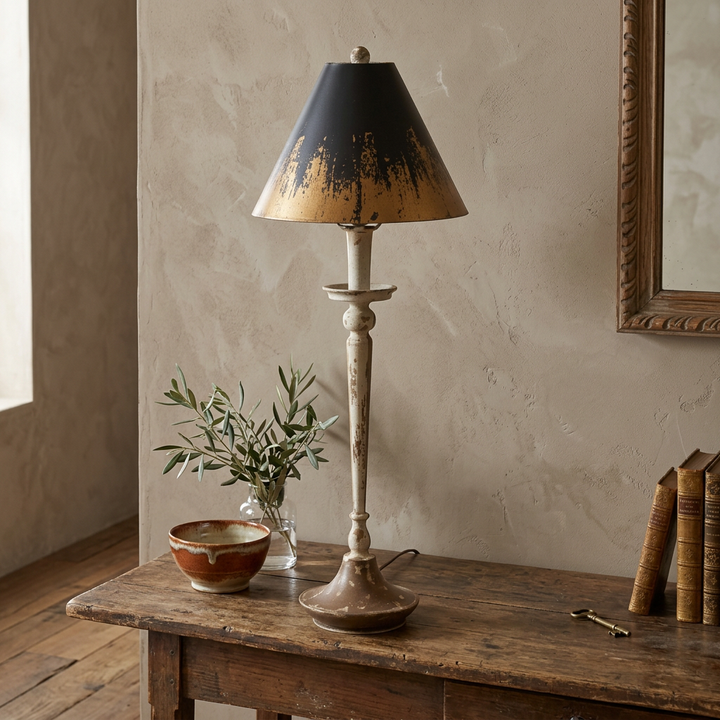 Lucien distressed buffet lamp styled on an antique entry console