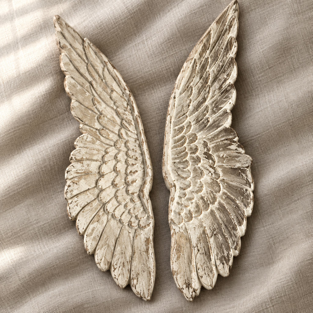 Carved feather details on distressed wooden angel wings resting on linen