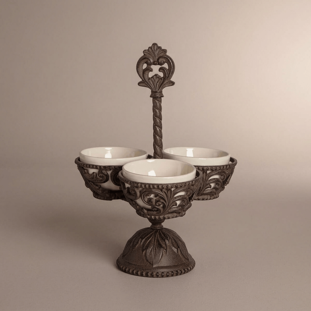 Full view of Bellavita Stoneware Condiment Server with ornamental handle and pedestal against taupe.