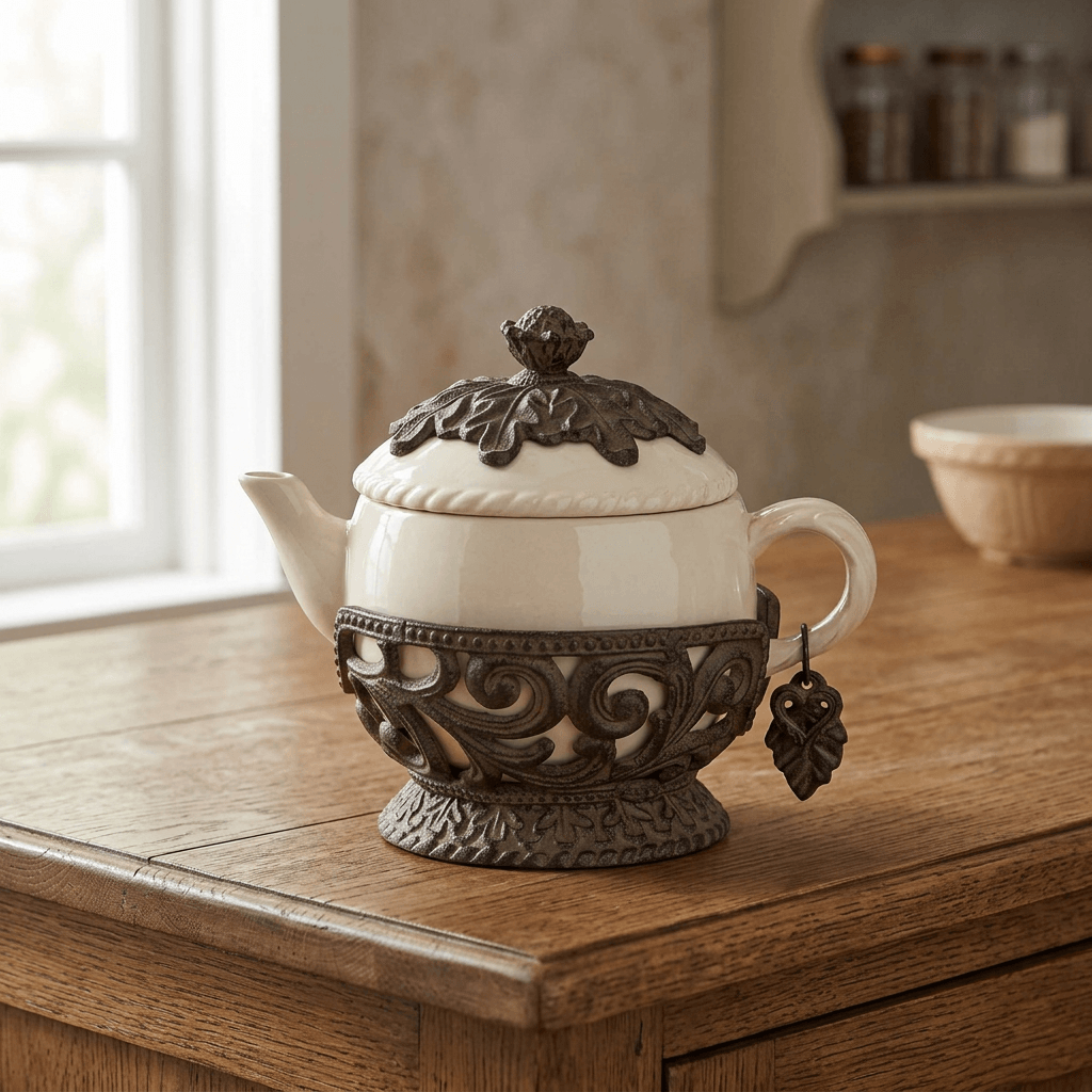 Cream teapot in decorative dark metal holder on a wooden sideboard beside a window