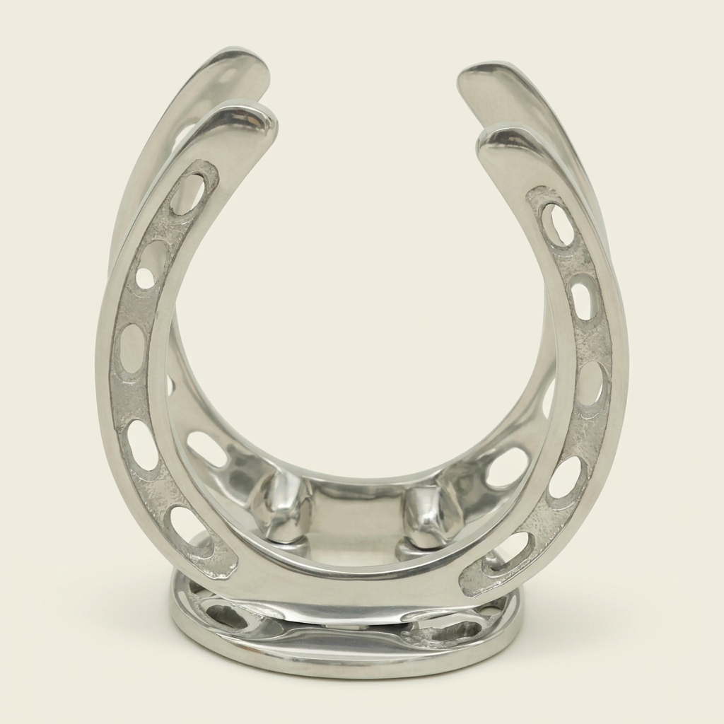 Empty silver aluminum napkin holder with two upright horseshoe sides and a low oval base on an ivory background.