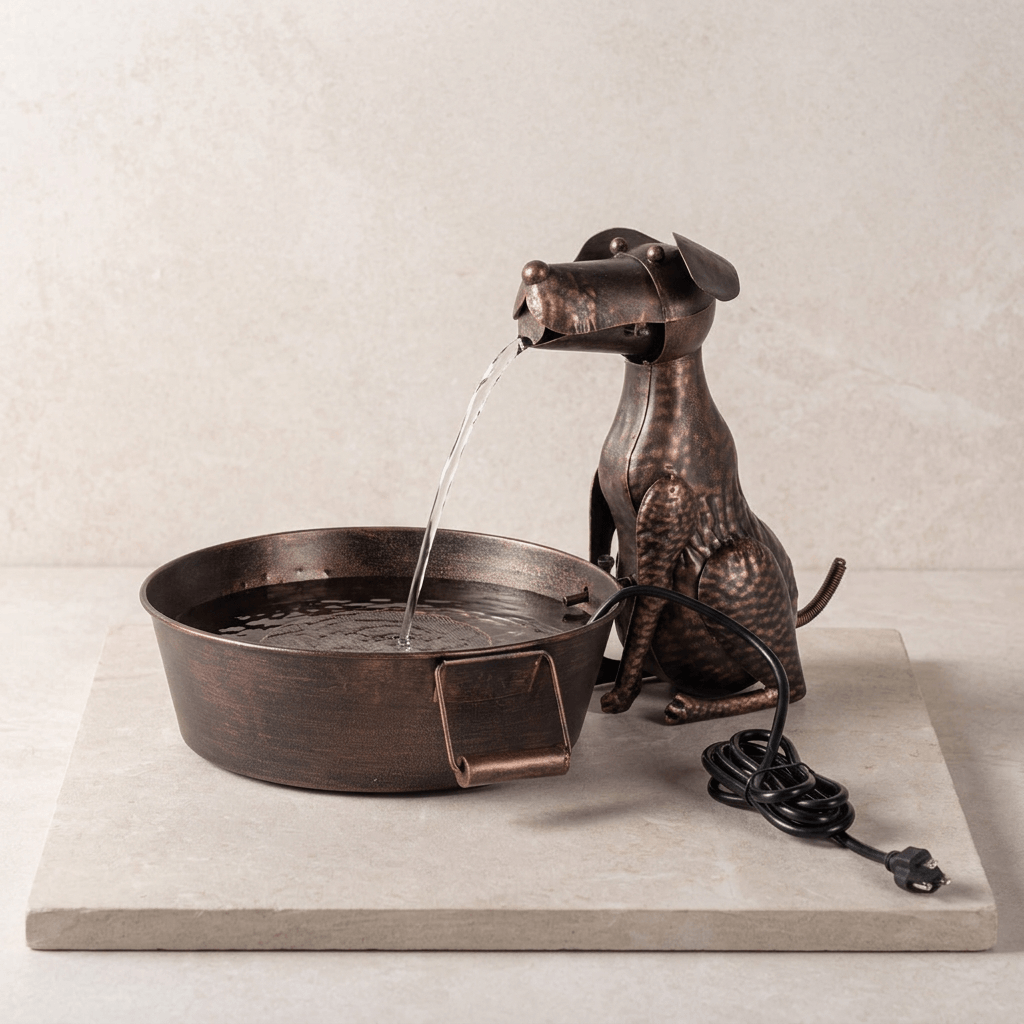 Black-bronze iron dog fountain with a seated dog and round handled basin against a neutral backdrop.