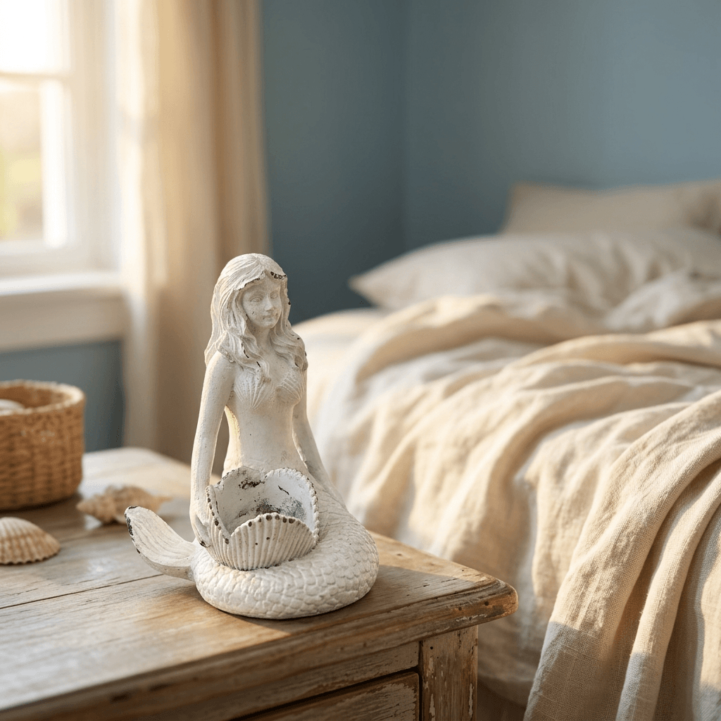 White mermaid candle holder styled on a beach cottage bedside table