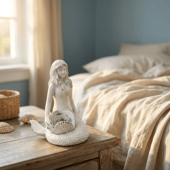 White mermaid candle holder styled on a beach cottage bedside table