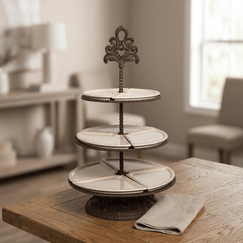 Bellavita cream stoneware and dark metal tiered server on a wood dining table beside folded linen