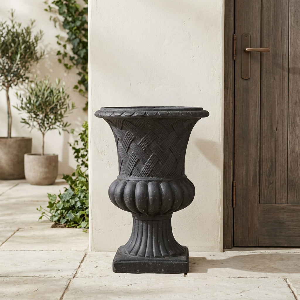 Black Trevi Lattice Weave Urn Planter with basketweave texture and a fluted pedestal beside a wooden entry door.