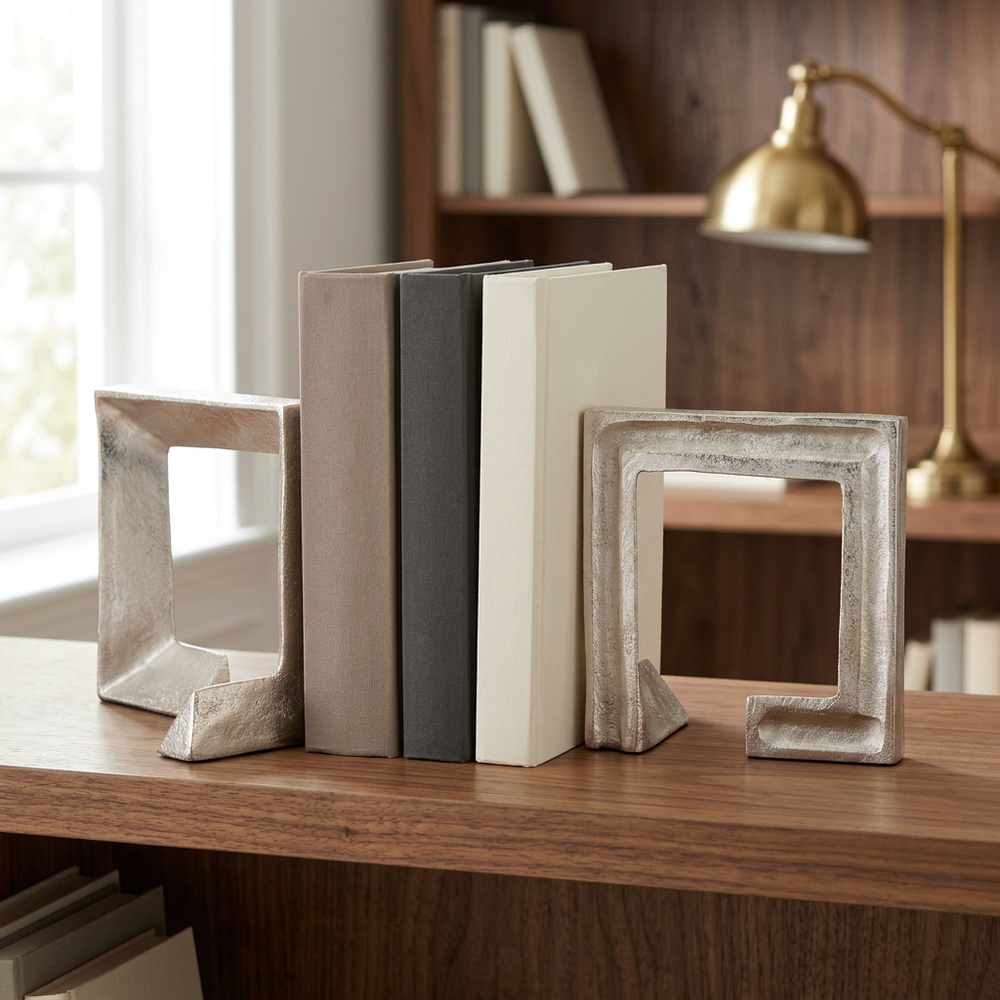 Silver geometric bookends flanking upright neutral hardcover books on a walnut shelf.
