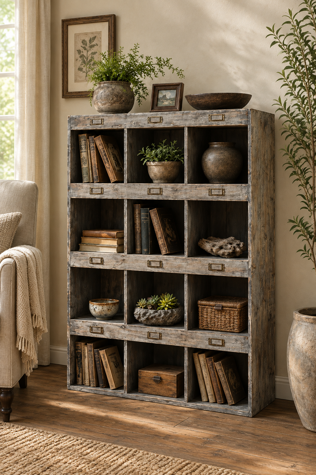 Three-quarter view of Rustic Recycled Pine Display Shelf in a cottage study