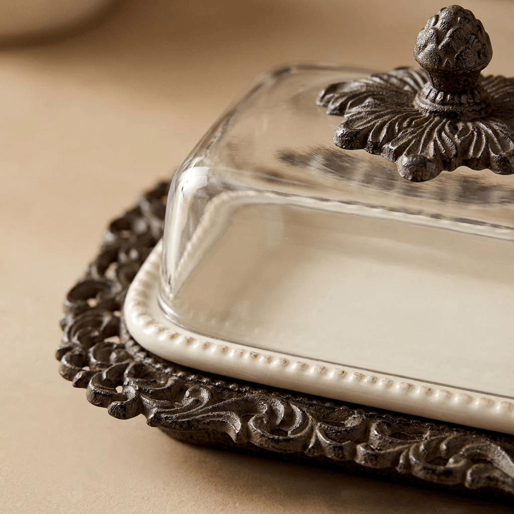 Close-up of the Bellavita butter dish's dark acanthus metalwork, cream ceramic rim and clear glass cover