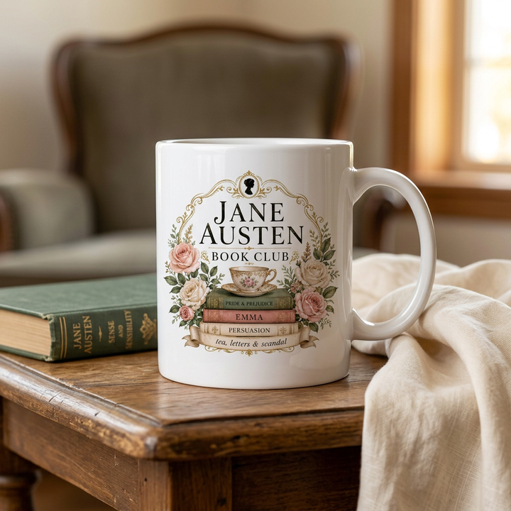 Jane Austen Book Club white ceramic mug styled on a wooden table beside a novel.