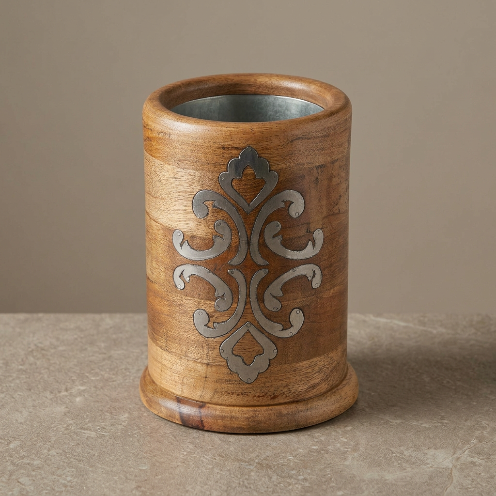 Belvedere wine chiller showing mango wood grain, metal scrollwork inlay and metal-lined opening.