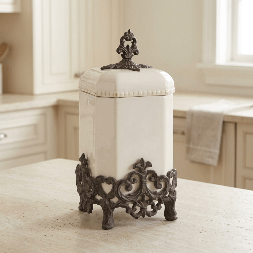 Bellavita cream stoneware canister, 15-inch option, on a pale kitchen countertop.
