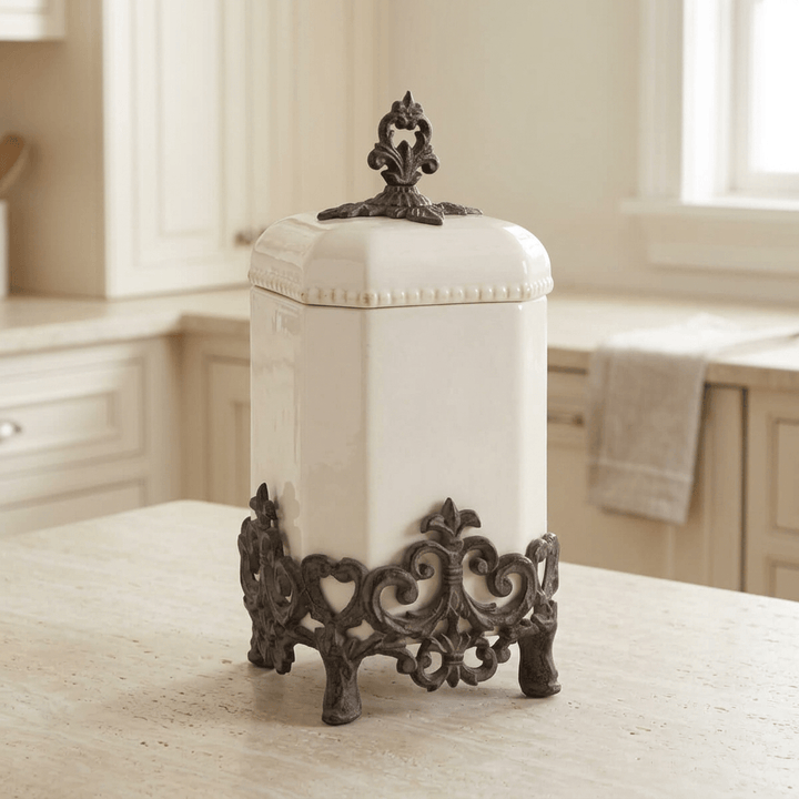 Bellavita cream stoneware canister, 15-inch option, on a pale kitchen countertop.