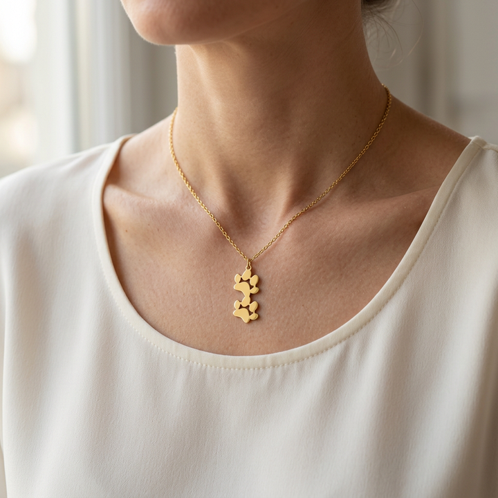 Gold Double Paw Pendant Necklace worn at the collarbone with an ivory blouse.