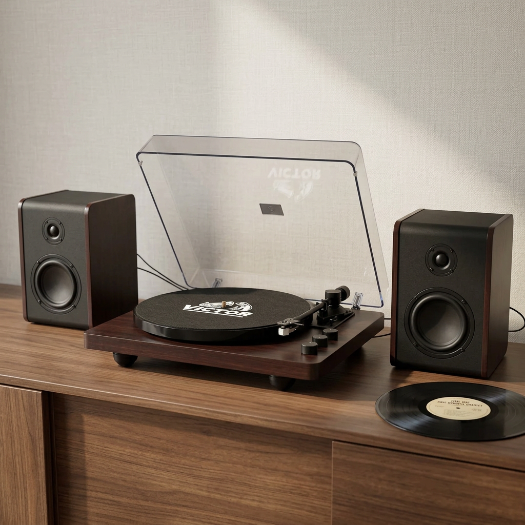 Victor Lincoln turntable with clear raised dust cover and two detached stereo speakers on a walnut console in a midcentury listening room.