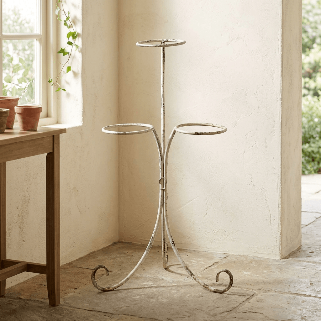 Ivory scrolled iron three-pot plant stand in a sunlit cottage-style room beside a wooden table.