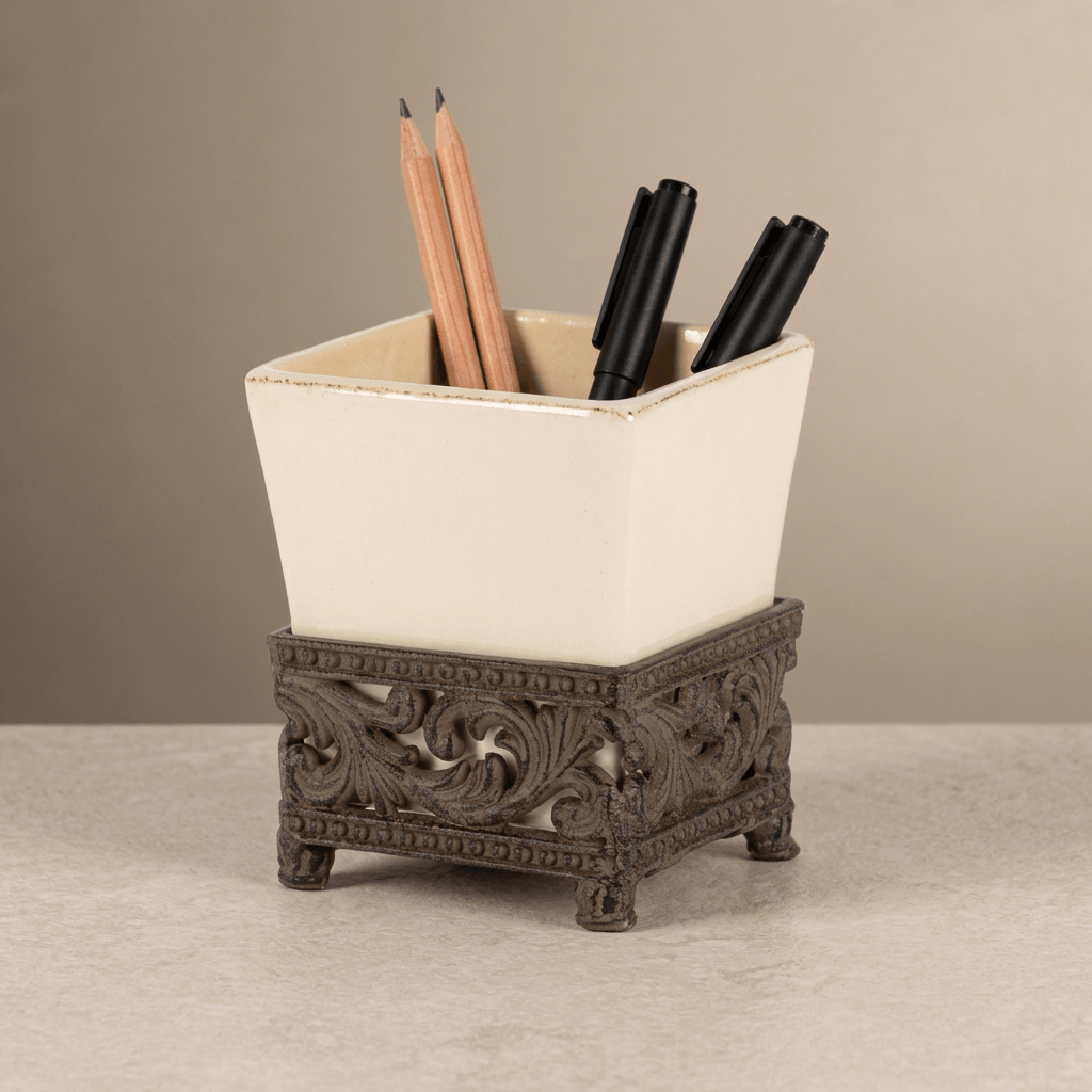 Bellavita pen holder with pencils and pens showing its cream square vessel and ornate brown acanthus base