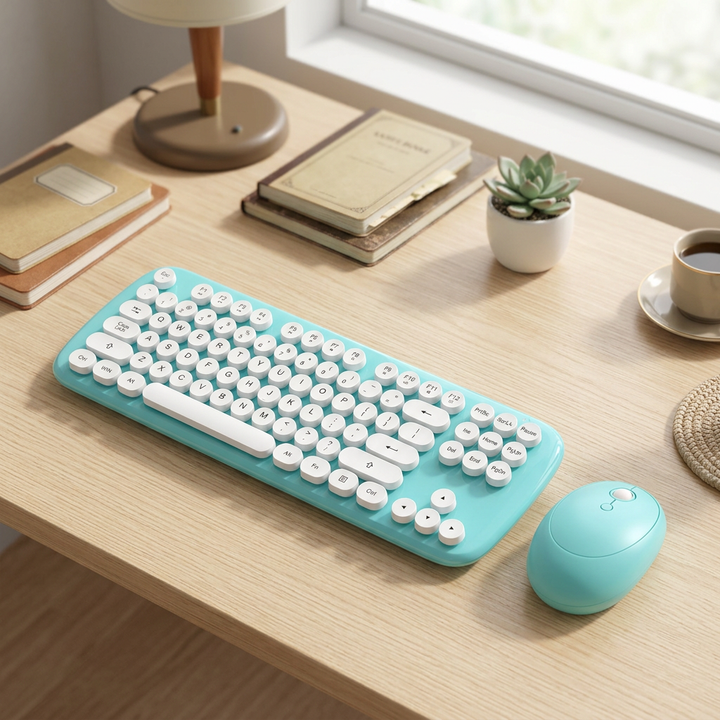 Blue-turquoise MOFii wireless keyboard with white round keys and matching mouse in a light wood workspace.