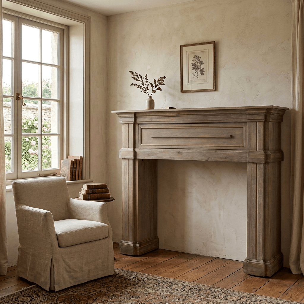 Decorative driftwood mantel against a plaster wall in a country-house sitting room, without a working fireplace.