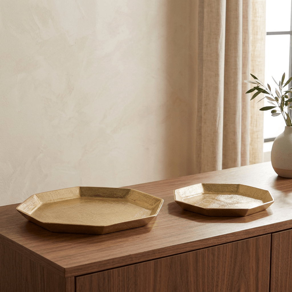 Pair of gold octagonal serving trays displayed on a walnut sideboard in a softly lit interior.