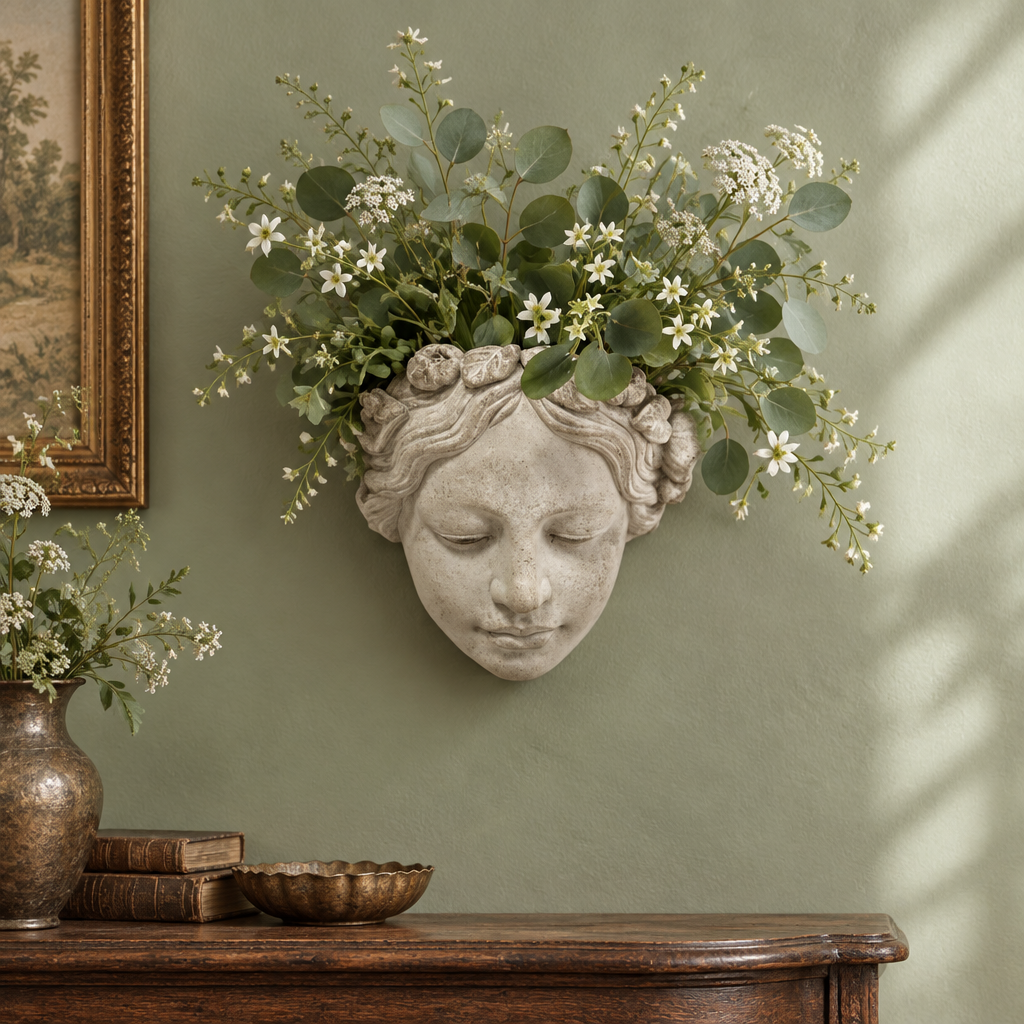 Cement Sun Goddess Wall Planter with botanical stems styled on a sage green wall above a wooden console.