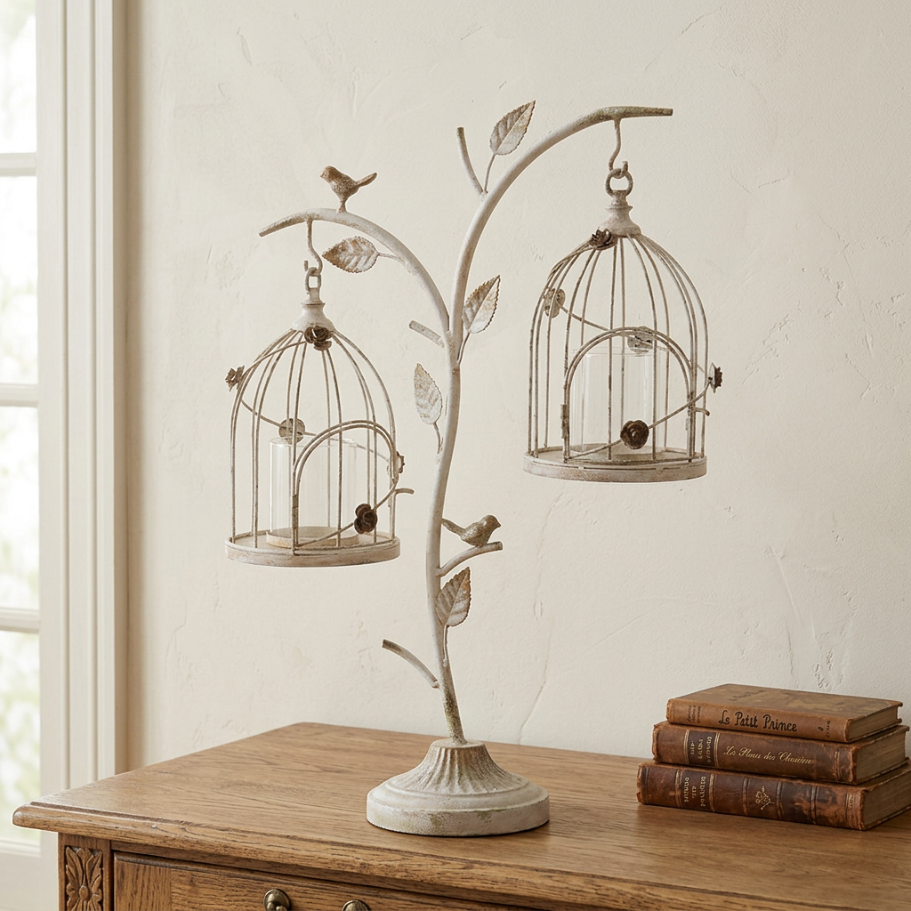 White and gold birdcage candle holder styled on an oak sideboard beside vintage books in soft window light.