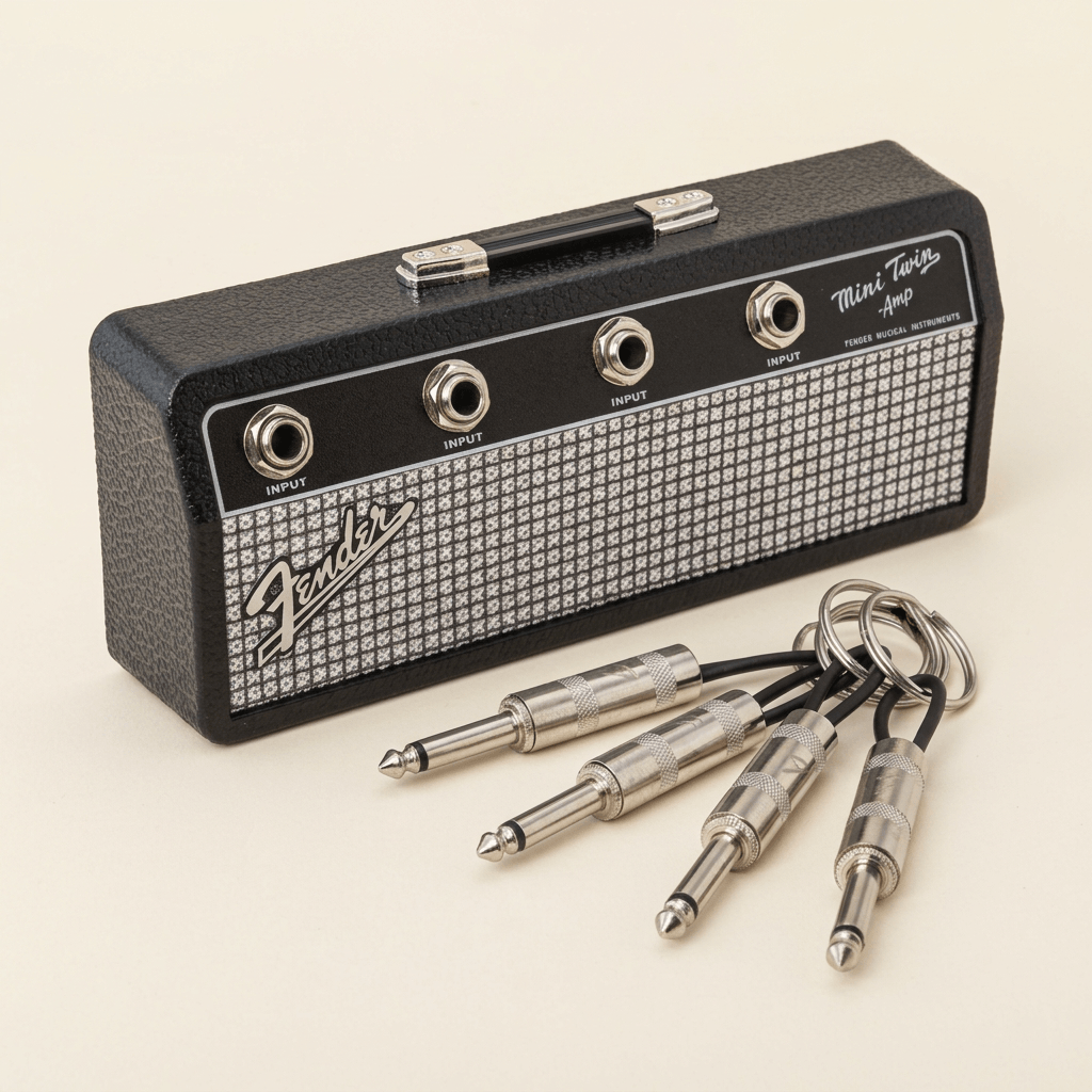 Fender Mini Twin Amp key holder with four chrome inputs and four silver guitar plug keychains on an ivory studio background.