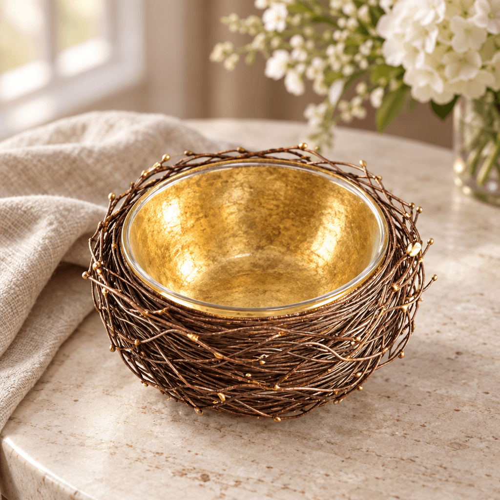 Empty gold-leafed metal nest bowl with glass liner on a pale stone coffee table.