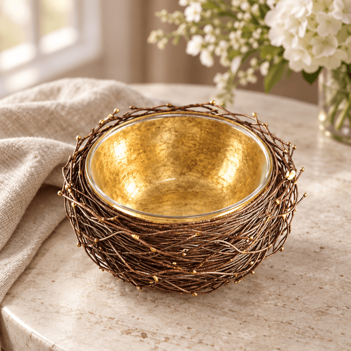 Empty gold-leafed metal nest bowl with glass liner on a pale stone coffee table.