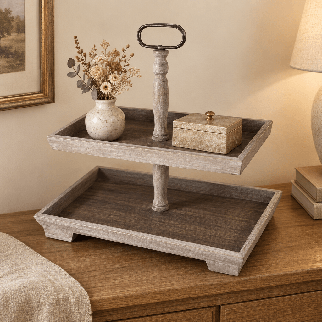 Grey Recycled Pine Two-Tier Display Stand styled with decorative keepsakes on a console