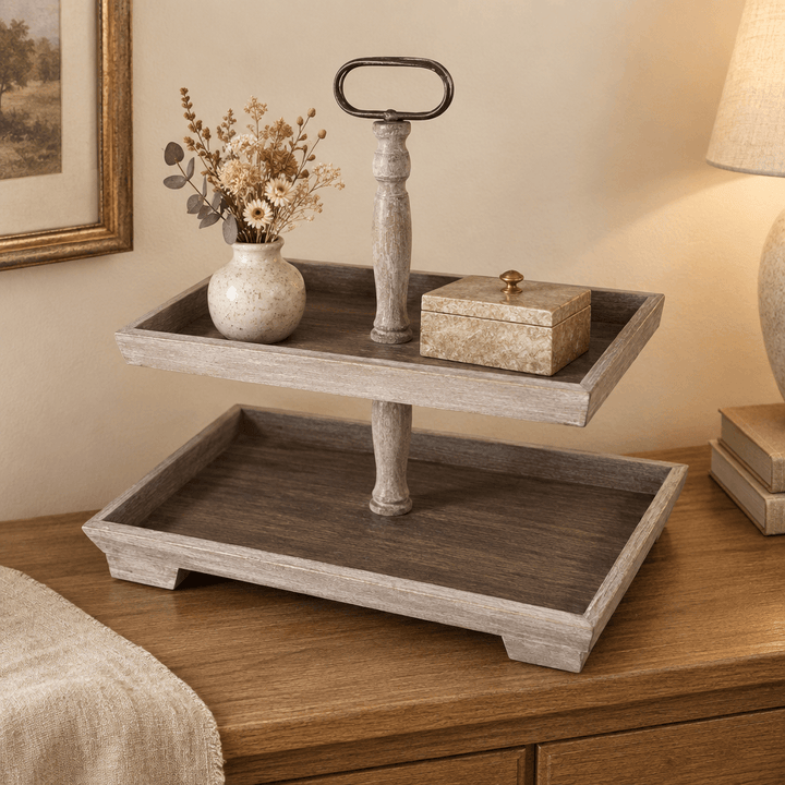 Grey Recycled Pine Two-Tier Display Stand styled with decorative keepsakes on a console