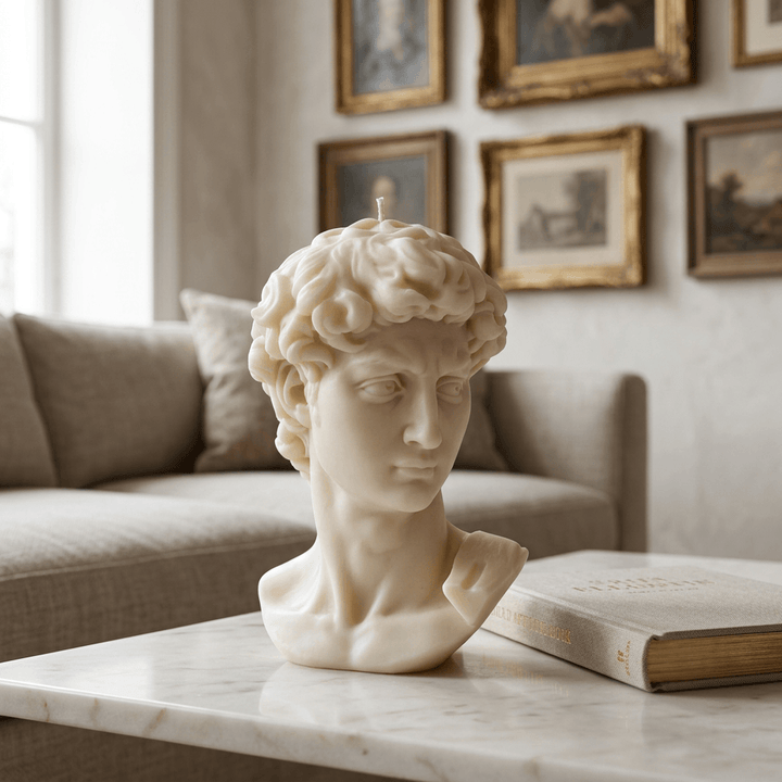 Ivory Michelangelo David bust candle on a marble coffee table in a softly lit living room.