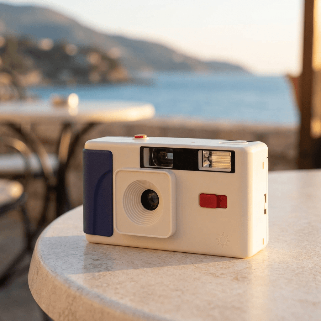 Creme-Multi reusable 35mm point-and-shoot camera with blue grip and red controls on a pale stone cafe table.